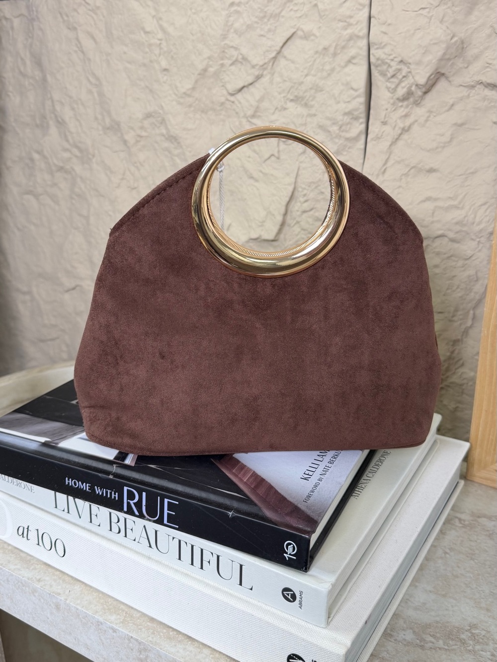 Haute Hippie Chocolate Brown Suede Clutch with Gold Ring Handle - Picture 2 of 16